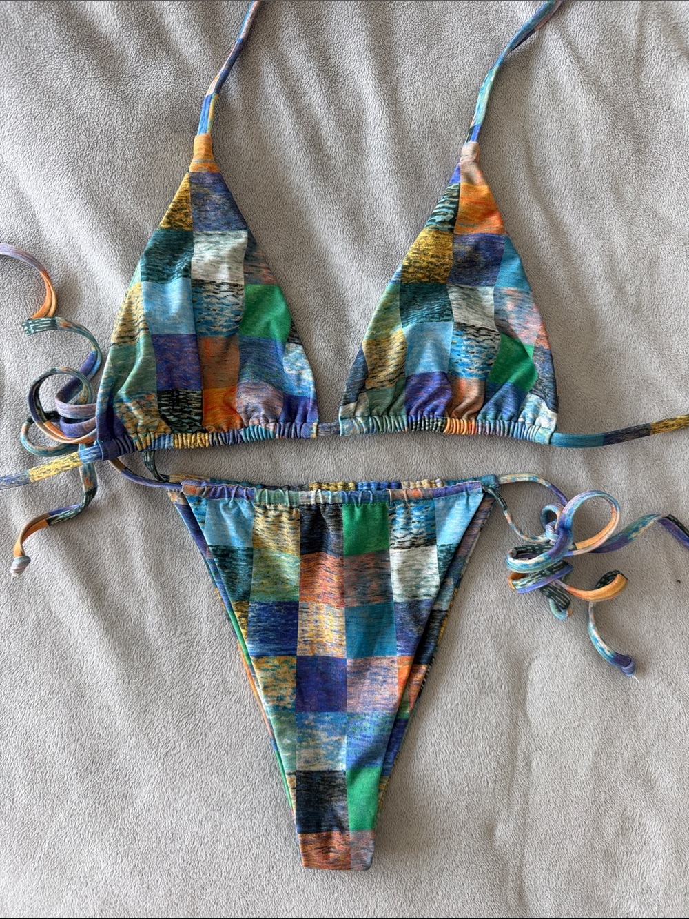 Nili Lotan Multicolor Checkered Triangle Bikini in Blue, Green, Orange, Purple
